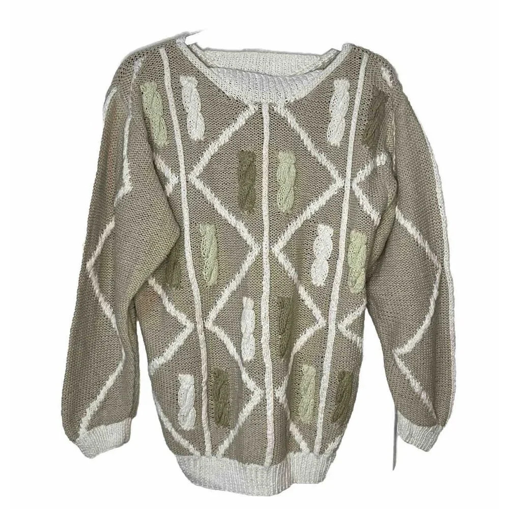 Vintage Tamra Sweater Womens M Cable Knit Tan White Ramie Granny Sweater